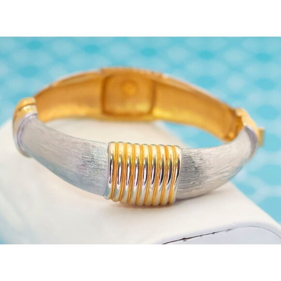 Vintage Brutalist Silver & Gold Tone Hinged Bangle 6 inch - R12 - Picture 2 of 4